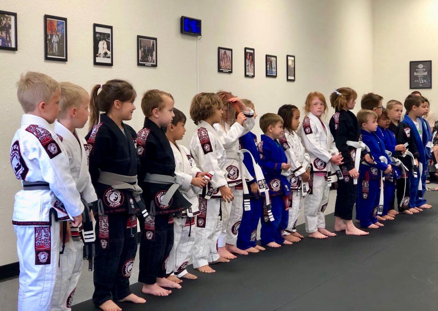 Mission Jiu Jitsu kids lined up in gis during class