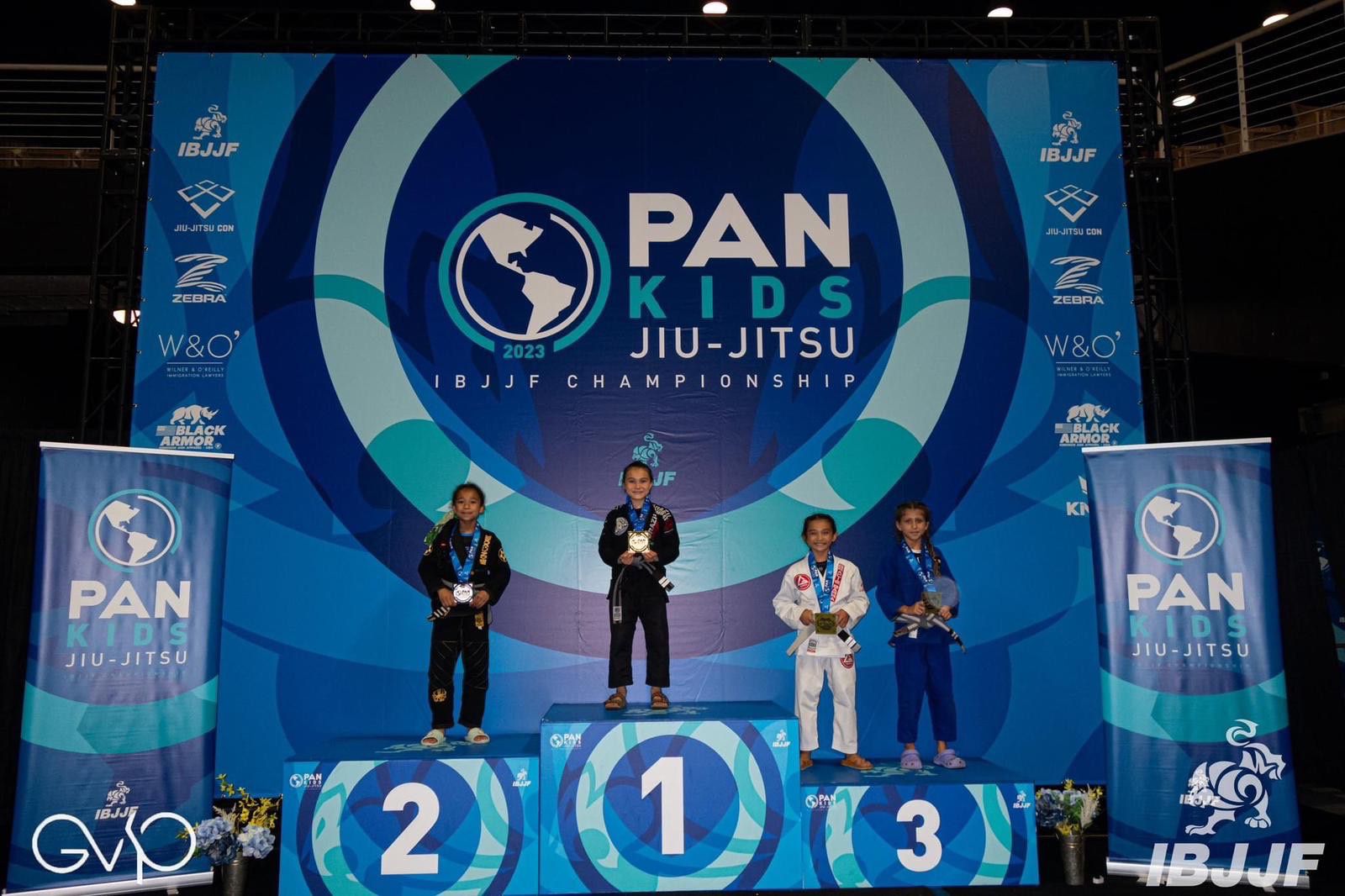 Mission Jiu Jitsu girls on podium at PAN Kids IBJJF Championship 2023